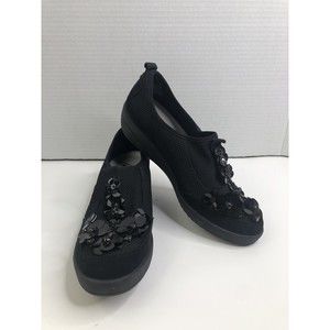 AK Anne Klein Sport Women's 7 1/2M Black Slip On Wedge/ Black Stones & Flowers